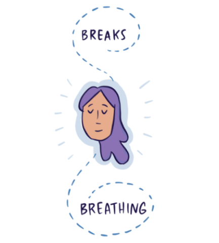 a girl's face, eyes closed serenely with the words 'breaks' above her and 'breathing' below