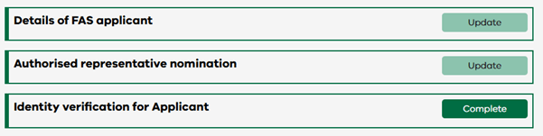 Screenshot of a Financial Assistance Scheme application showing 3 seperate modules. 2 of them have been completed, so they have the 'update' button next to them. One of them hasn't been completed, so it has 'complete' on the button next to it.